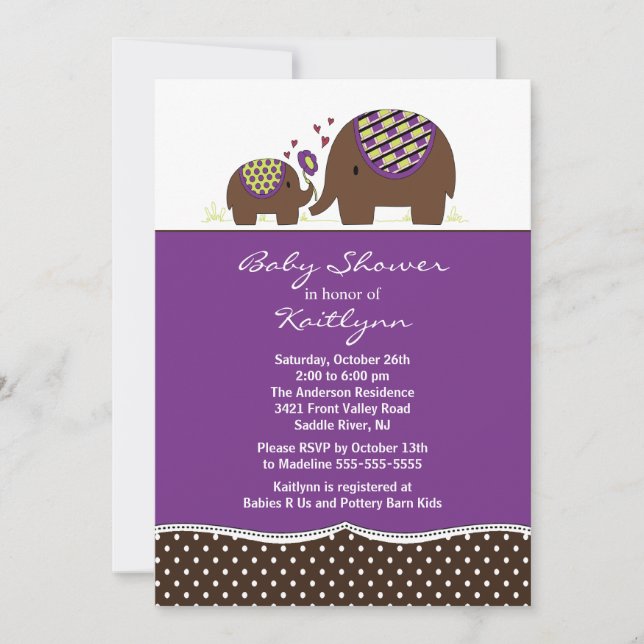 Purple & Brown Elephant Baby Shower Invitation (Front)