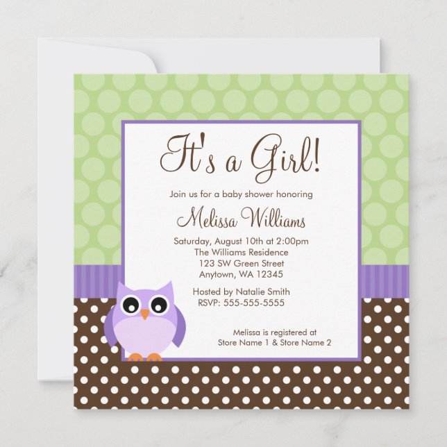 Purple Brown Green Owl Polka Dot Girl Baby Shower Invitation (Front)