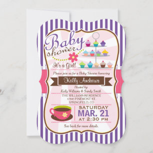 Purple, Brown & Pink Tea, Cupcake Baby Shower Invitation