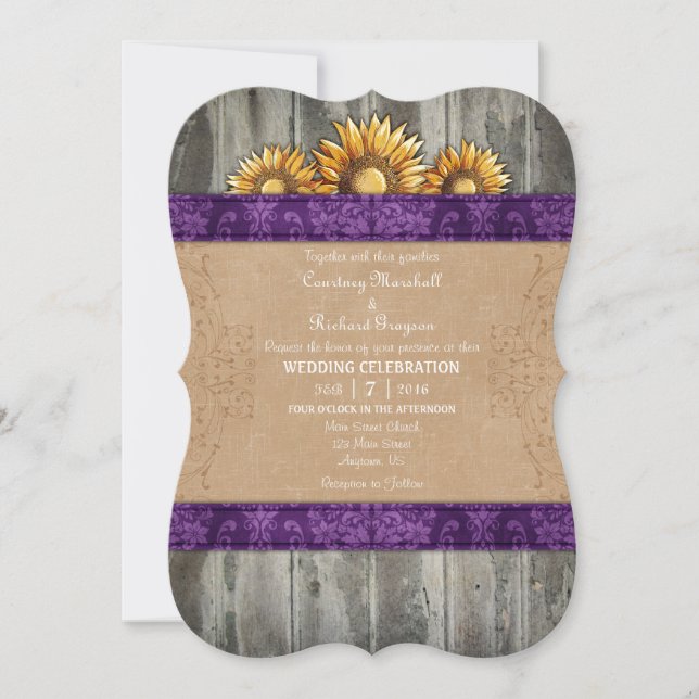 Purple Brown Rustic Sunflower Wedding Invite (Front)