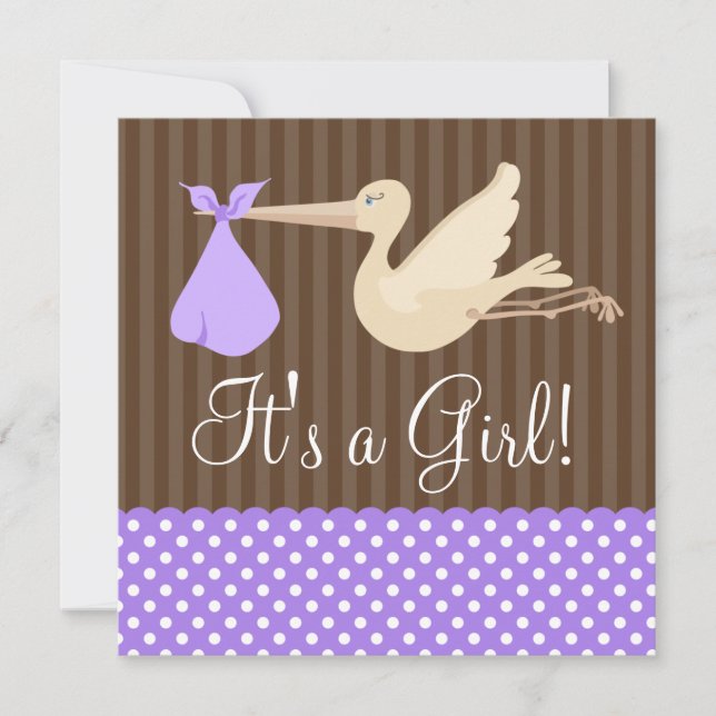 Purple Brown Stork Dots Girl Baby Shower Invitation (Front)