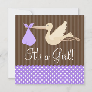 Purple Brown Stork Dots Girl Baby Shower Invitation