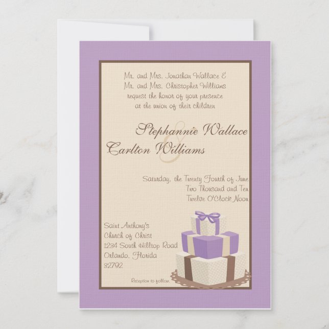 Purple/Brown Wedding Cake Invitation (Front)