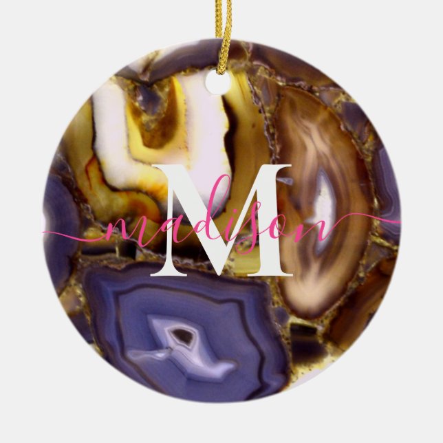 Purple Brown White Agate stone pattern monogram Ceramic Tree Decoration (Front)