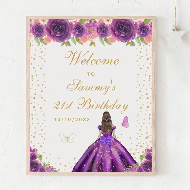 Purple Brunette Hair Girl Birthday Party Welcome Poster (Creator Uploaded)