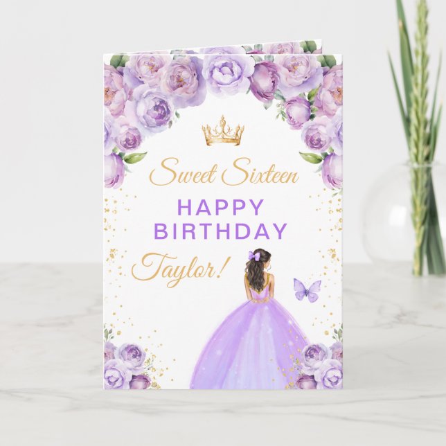 Purple Brunette Hair Girl Sweet Sixteen Birthday Card (Front)