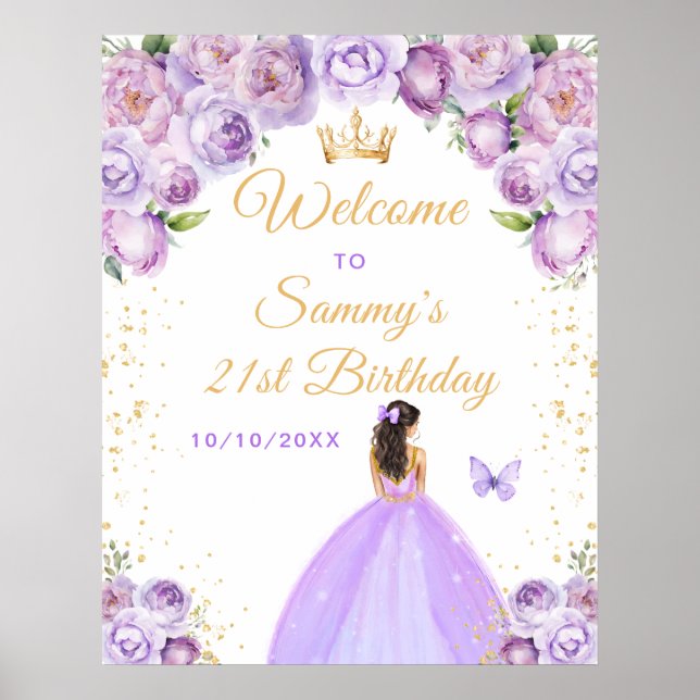 Purple Brunette Hair Princess Birthday Welcome Poster (Front)