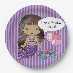 Purple Brunette  Mermaid Birthday Party Plates