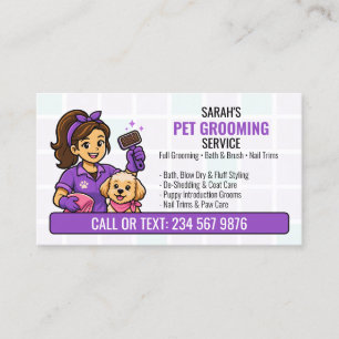 Purple Brush Puppy Groomer Girl QR Grooming Business Card