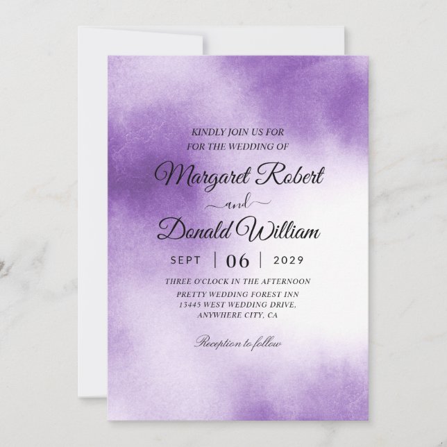 purple brush watercolor wedding invitations (Front)