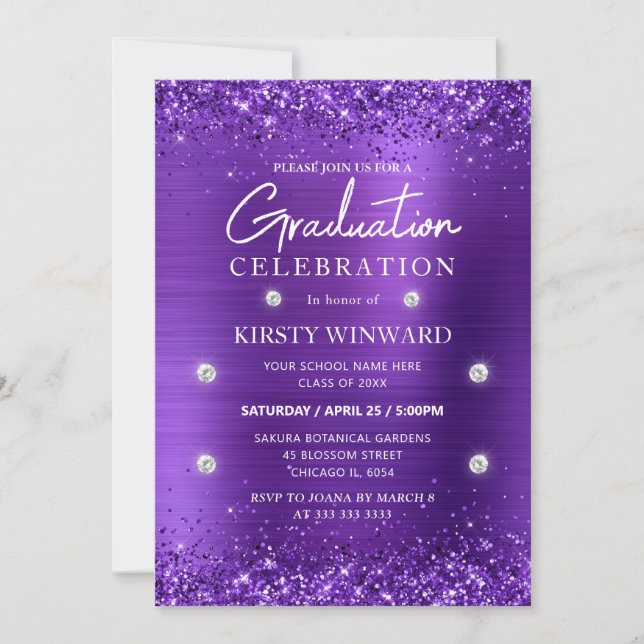 Purple Brushed Metal and Glitter Graduation Invitation (Front)