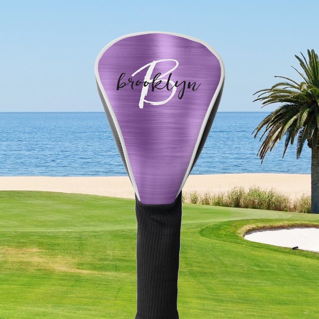 Purple Brushed Metal Black White Script Monogram  Golf Head Cover (Creator Uploaded)