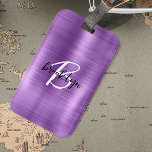 Purple Brushed Metal Black White Script Monogram  Luggage Tag<br><div class="desc">This elegant personalised luggage tag feature a monogram and first name in modern black and white script on a trendy purple brushed metal background.</div>