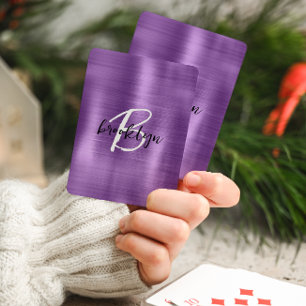 Purple Brushed Metal Black White Script Monogram  Playing Cards