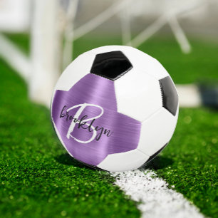 Purple Brushed Metal Black White Script Monogram Soccer Ball