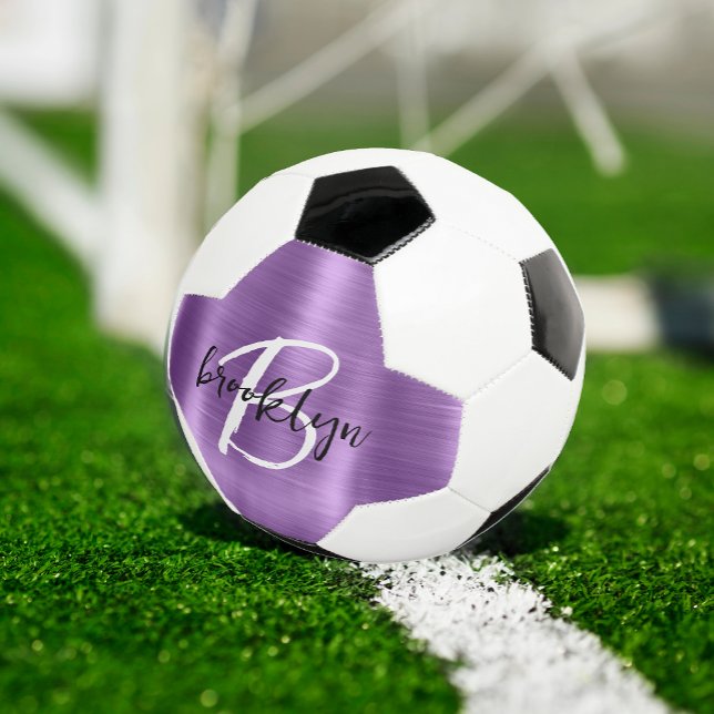 Purple Brushed Metal Black White Script Monogram  Soccer Ball (Creator Uploaded)