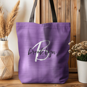 Purple Brushed Metal Black White Script Monogram Tote Bag