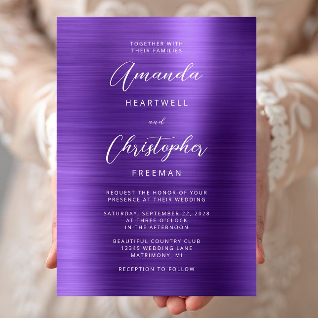 Purple Brushed Metal Script Wedding Invitation (Creator Uploaded)