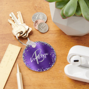 Purple Brushed Metal Silver Glitter Monogram  Key Ring