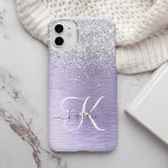 Purple Brushed Metal Silver Glitter Monogram Name<br><div class="desc">Easily personalise this trendy chic phone case design featuring pretty silver sparkling glitter on a purple brushed metallic background.</div>