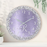 Purple Brushed Metal Silver Glitter Monogram Name<br><div class="desc">Easily personalise this trendy chic wall clock design featuring pretty silver sparkling glitter on a purple brushed metallic background.</div>