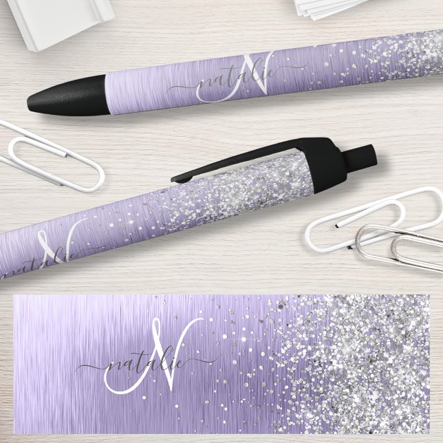 Purple Brushed Metal Silver Glitter Monogram Name Black Ink Pen (Creator Uploaded)