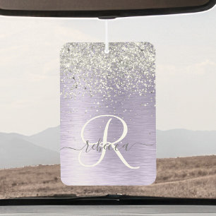 Purple Brushed Metal Silver Glitter Monogram Name Car Air Freshener