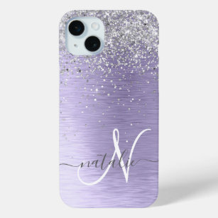 Purple Brushed Metal Silver Glitter Monogram Name iPhone 15 Mini Case