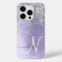 Purple Brushed Metal Silver Glitter Monogram Name