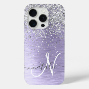 Purple Brushed Metal Silver Glitter Monogram Name iPhone 15 Pro Case
