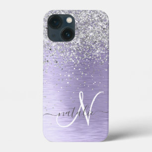  Purple Brushed Metal Silver Glitter Monogram Name iPhone 13 Mini Case