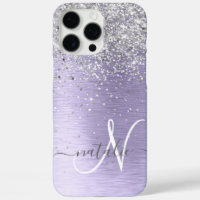 Purple Brushed Metal Silver Glitter Monogram Name