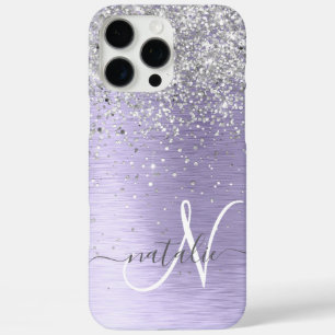 Purple Brushed Metal Silver Glitter Monogram Name iPhone 16 Pro Max Case