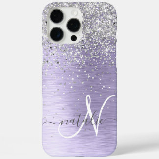 Purple Brushed Metal Silver Glitter Monogram Name iPhone 16 Pro Max Case