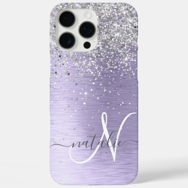 Purple Brushed Metal Silver Glitter Monogram Name Case-Mate iPhone Case (Back)