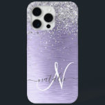 Purple Brushed Metal Silver Glitter Monogram Name iPhone 15 Pro Max Case<br><div class="desc">Easily personalise this trendy chic phone case design featuring pretty silver sparkling glitter on a purple brushed metallic background.</div>