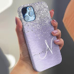 Purple Brushed Metal Silver Glitter Monogram Name Case-Mate iPhone 14 Plus Case<br><div class="desc">Easily personalise this trendy chic phone case design featuring pretty silver sparkling glitter on a purple brushed metallic background.</div>