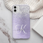 Purple Brushed Metal Silver Glitter Monogram Name iPhone 13 Pro Max Case<br><div class="desc">Easily personalise this trendy chic phone case design featuring pretty silver sparkling glitter on a purple brushed metallic background.</div>