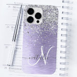Purple Brushed Metal Silver Glitter Monogram Name Case-Mate iPhone 14 Pro Max Case<br><div class="desc">Easily personalise this trendy chic phone case design featuring pretty silver sparkling glitter on a purple brushed metallic background.</div>
