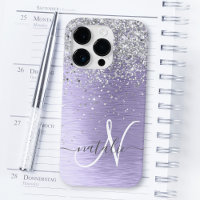 Purple Brushed Metal Silver Glitter Monogram Name
