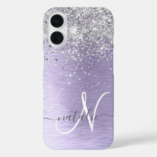 Purple Brushed Metal Silver Glitter Monogram Name iPhone 16 Case