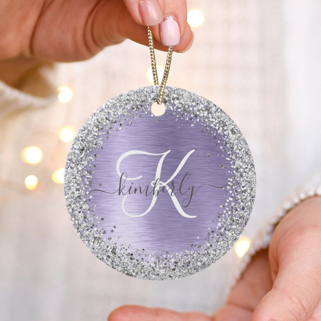Purple Brushed Metal Silver Glitter Monogram Name Ceramic Tree Decoration (Creator Uploaded)