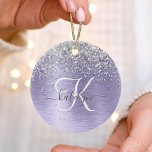 Purple Brushed Metal Silver Glitter Monogram Name Ceramic Tree Decoration<br><div class="desc">Easily personalize this trendy chic ornament design featuring pretty silver sparkling faux glitter on a purple brushed metallic background.</div>