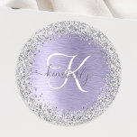 Purple Brushed Metal Silver Glitter Monogram Name Classic Round Sticker<br><div class="desc">Easily personalise this trendy chic round sticker design featuring pretty silver sparkling glitter on a purple brushed metallic background.</div>