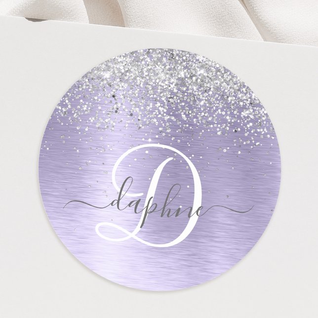 Purple Brushed Metal Silver Glitter Monogram Name Classic Round Sticker (Creator Uploaded)