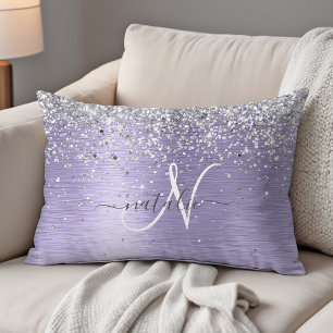 Purple Brushed Metal Silver Glitter Monogram Name Decorative Cushion