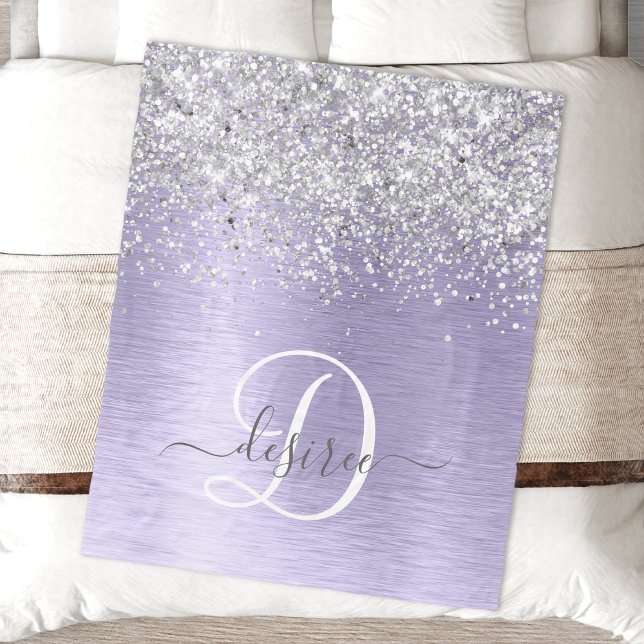 Purple Brushed Metal Silver Glitter Monogram Name Fleece Blanket (Creator Uploaded)