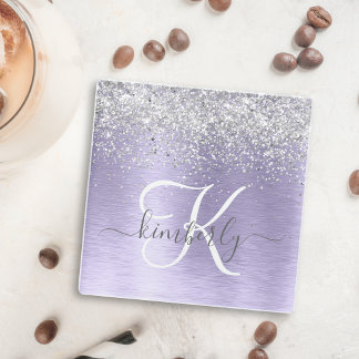 Purple Brushed Metal Silver Glitter Monogram Name Glass Coaster