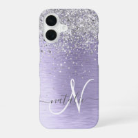 Purple Brushed Metal Silver Glitter Monogram Name