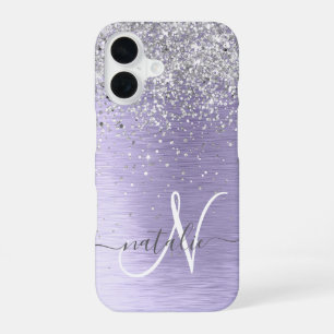 Purple Brushed Metal Silver Glitter Monogram Name iPhone 16 Case